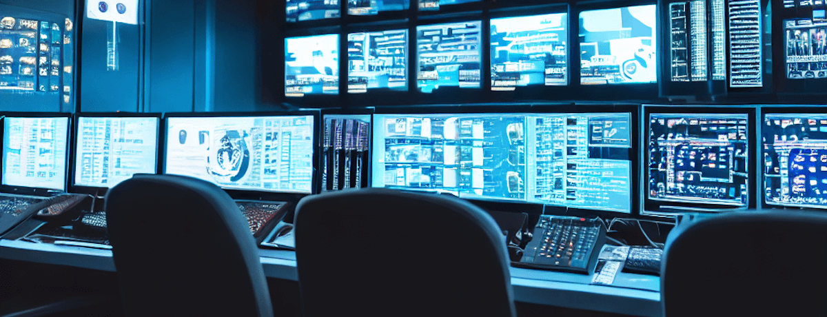 Dark, blue tinged control room with banks of CCTV monitors